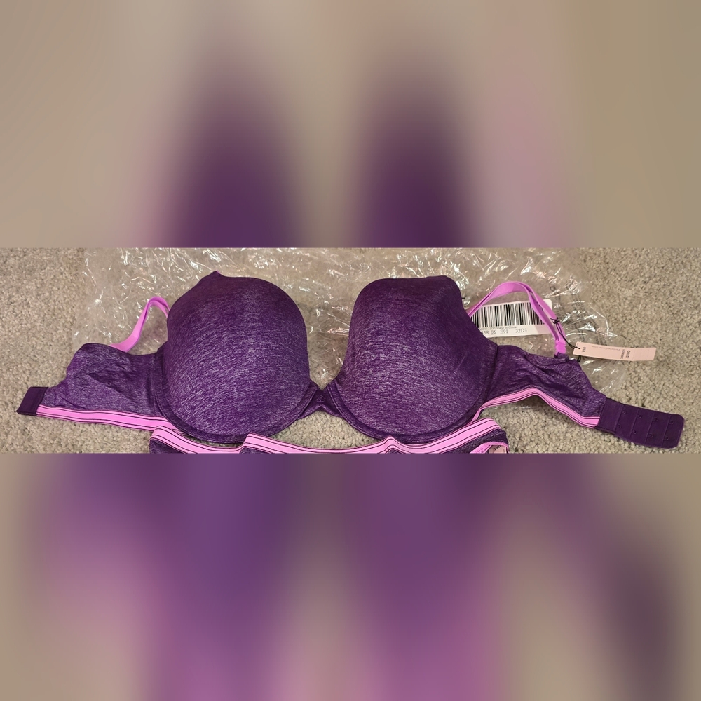 Victoria Secret Tshirt Demi Bra- NWT-Purple w/ Pink Trim-32ddd